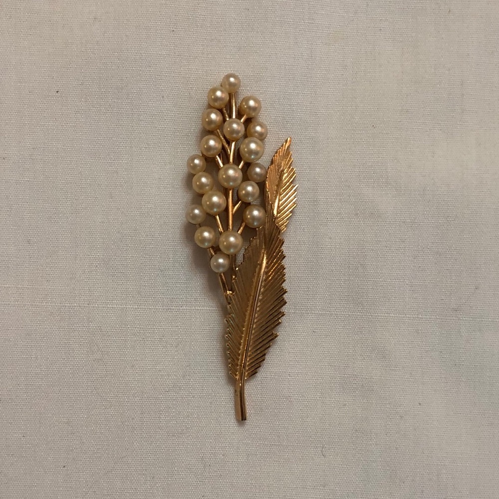 Trifari Faux Pearl and Leaf Brooch